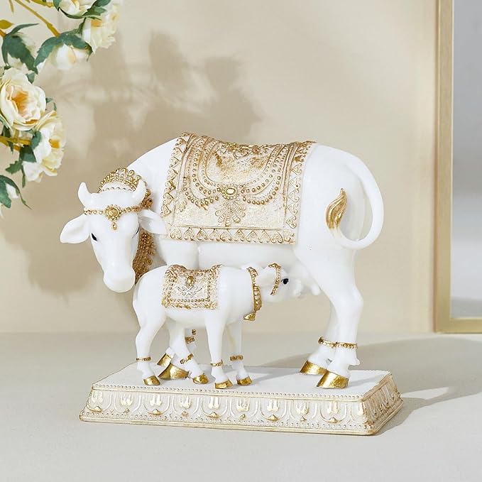 Handcrafted Dhayana Polyresin Cow and Calf Figurine for Auspicious Home Decor - Bring Prosperity, Peace & Spiritual Harmony to Your Space