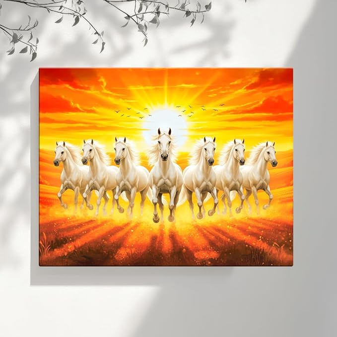 Rousrie Big Size 7 Horses Vastu Frame Wall Art Painting, White Running Horses on Water, Rising Sun Wall Decor, Multicolor 58.0 X 45.0 cm, Set of 1